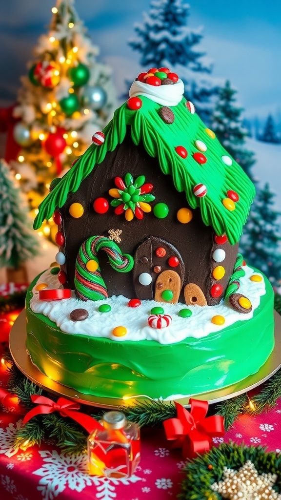 A festive chocolate cake hut decorated with green frosting and assorted candies, set on a holiday-themed table.